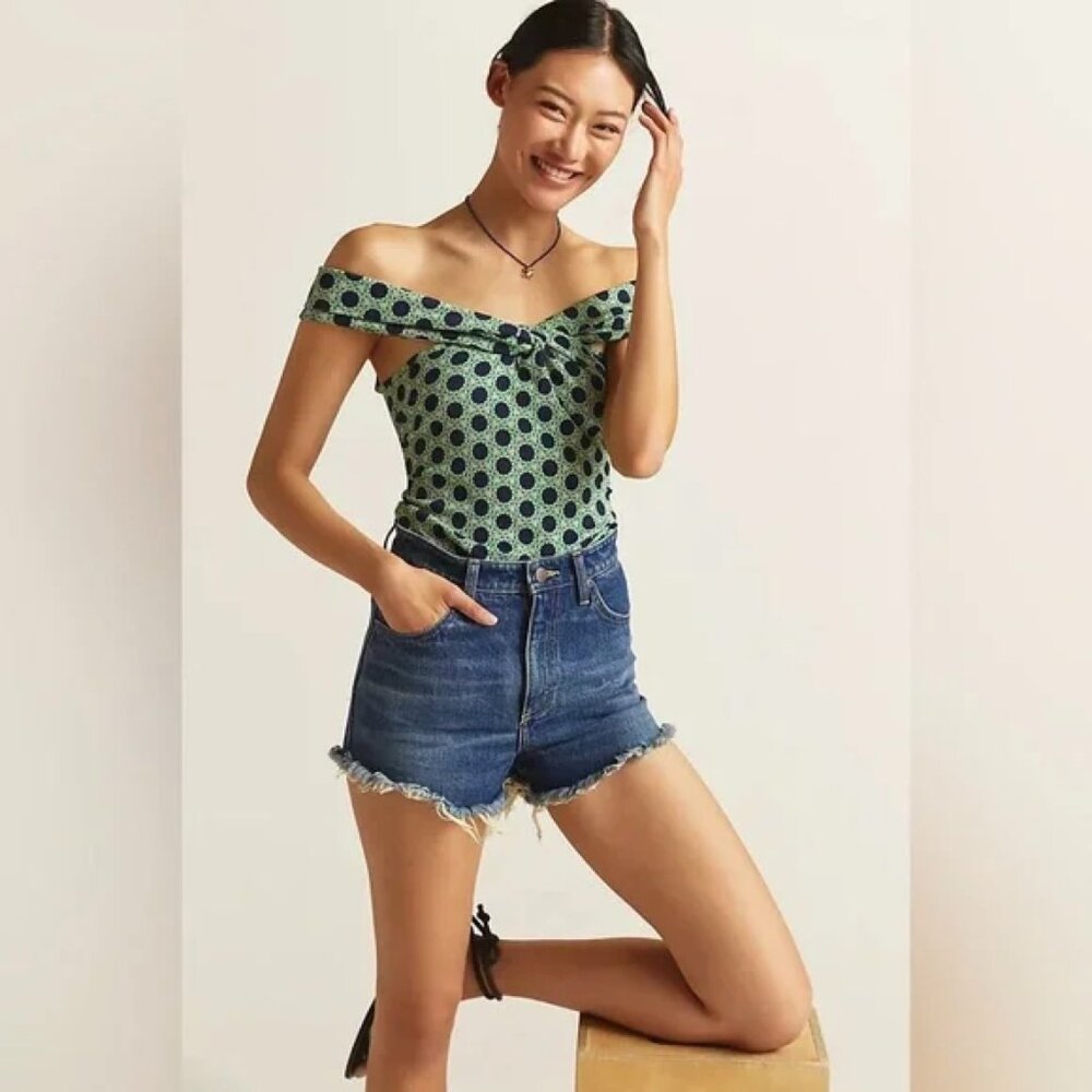 NWT Maeve Off the Shoulder Top XS Green Blue Motif Print